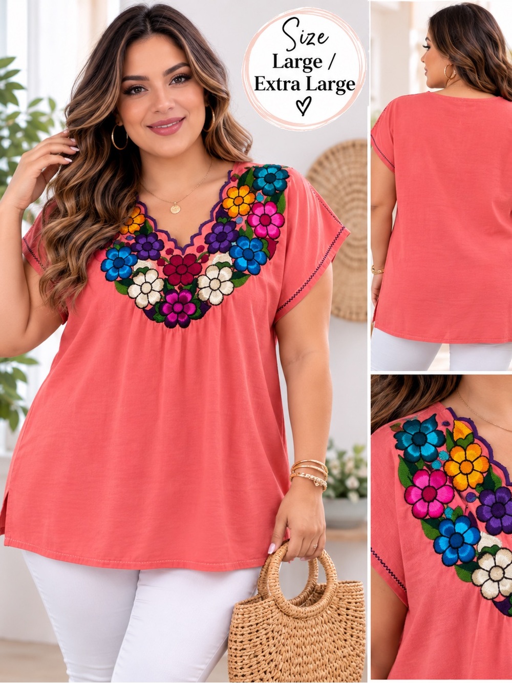 MEXICANA Coral Embroidered Floral V-Neck Tunic
